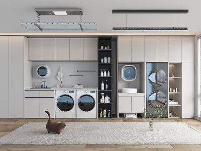 Modern Home Balcony Laundry And Storage Space With Washing Machines Sink Cabinets And Drying Rack 3d model