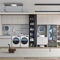 Modern Home Balcony Laundry And Storage Space With Washing Machines Sink Cabinets And Drying Rack