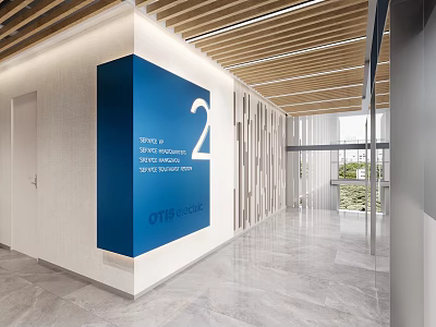 Modern Elevator Corridor With Blue Sign Number 2 University Registrar Office Wooden Ceiling Marble Floor 3d model