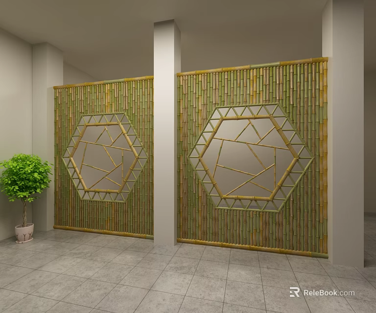 Modern Green And Gold Room Dividers With Hexagonal Geometric Patterns In Interior Space 3d model