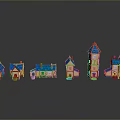 Miniature Houses In Various Styles With Blue Roofs Orange Exteriors Cottages Towers And Reflections
