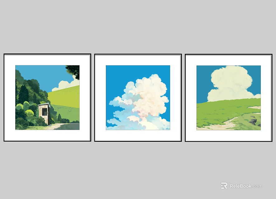 Three Landscape Paintings With Green Hills Trees Small House Path Blue Sky And White Clouds 3d model 