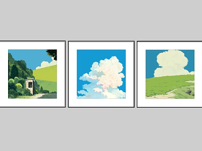 Three Landscape Paintings With Green Hills Trees Small House Path Blue Sky And White Clouds 3d model