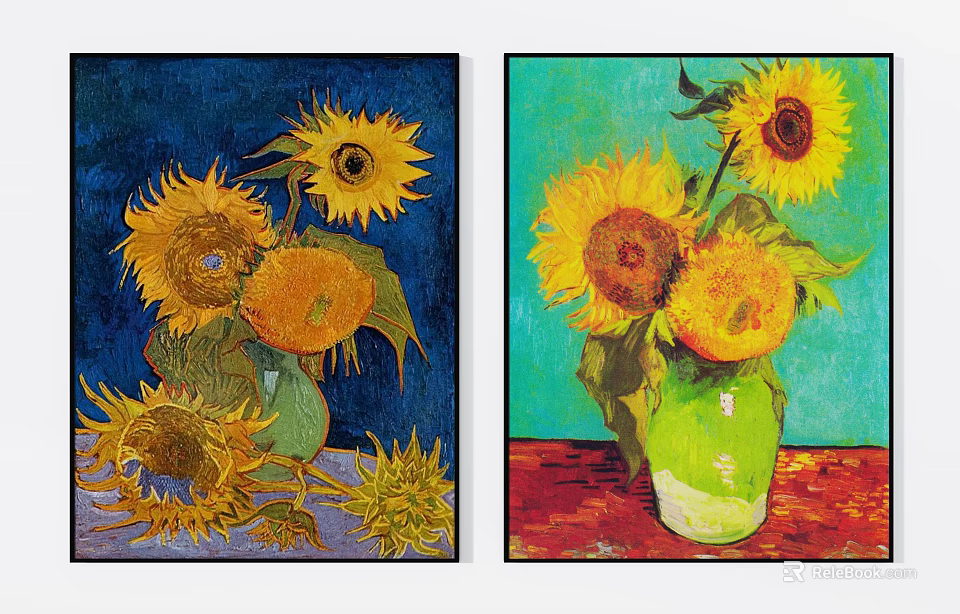 Sunflower Still Life Oil Paintings With Vase And Blue Green Backgrounds 3d model 