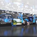 Digital Tech Exhibition Hall Featuring Multiple Blue Screens White Spherical Decorations And Visitors Exploring 3d model