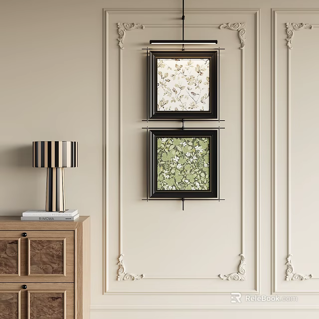 Abstract Paintings On Interior Wall With Floral Patterns Light Green Tones Black Frames 3d model