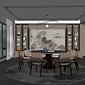 Modern Luxury Restaurant With Chinese Landscape Painting Round Table Brown Chairs Bookshelves And Pendant Light