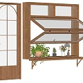 Wooden Arched Glass Door And Wall Mounted Plant Shelf With Potted Plants