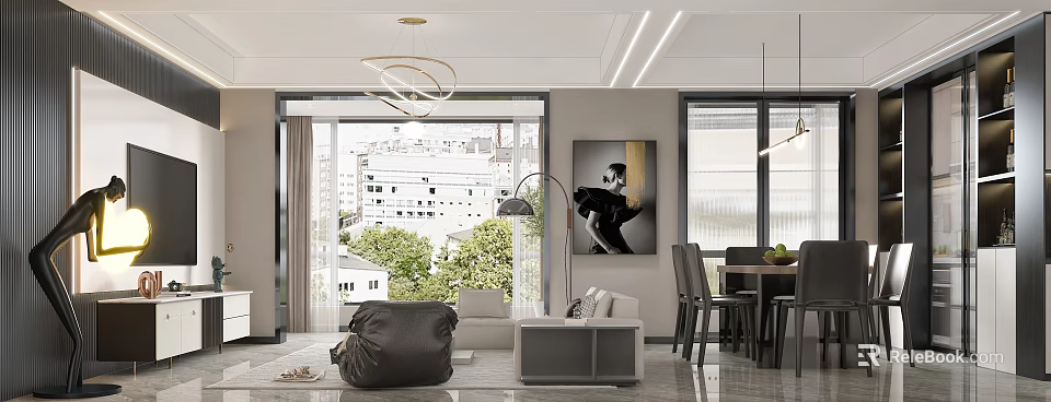 Modern Living and Dining Room Interior with Sofa Dining Table Large Windows and City View 3d model