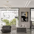 Modern Living and Dining Room Interior with Sofa Dining Table Large Windows and City View 3d model