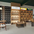 Modern Teahouse Interior With Minimalist Design Wooden Counter Hanging Lights And Potted Plant