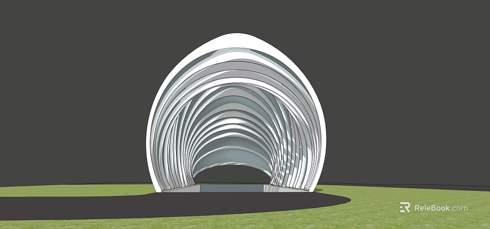 Modern Curved Pergola Design With White Metal Structure And Green Grass 3d model 