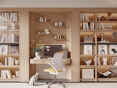 Modern Wooden Bookcase Interior Design With Books Decorative Items And Desk 3d model