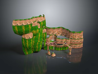 Decorative Green And Brown Striped Structure With Layered Platforms And Base Stones 3d model