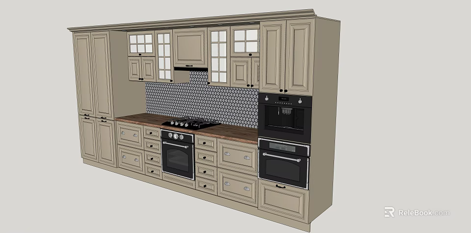 Modern Light Colored Kitchen Cabinets With Wooden Countertop Gas Stove And Backsplash Tiles 3d model 