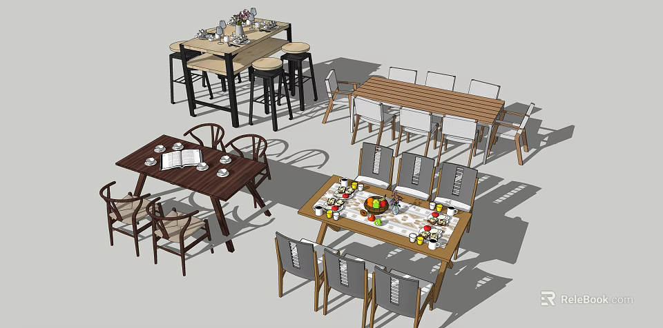 Wooden Dining Table Set with Stools Dining Chairs and Tabletop Fruit Platter 3d model