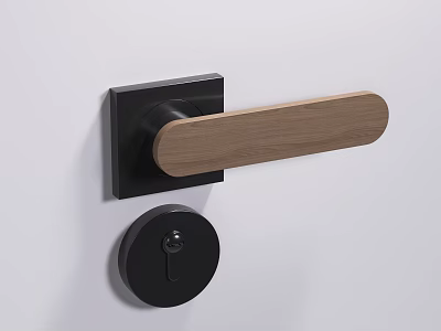 Modern Wooden Door Handle with Black Base Keyhole and Sleek Design 3d model