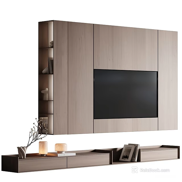 Modern TV Wall Design With Wooden Panels Storage Shelves And TV Stand 3d model 