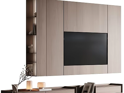 Modern TV Wall Design With Wooden Panels Storage Shelves And TV Stand 3d model