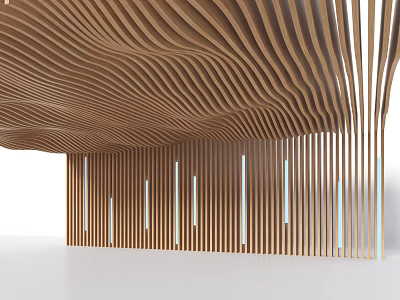 Stylish Modern Wooden Ceiling Design Featuring Wavy Slats And Vertical Elements 3d model