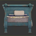 Blue Wooden Bed Frame With Floral Bedspread And Light Pink Pillows