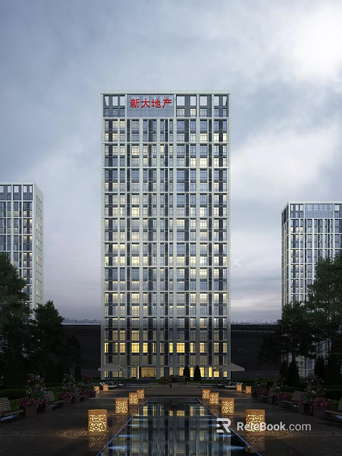Modern High Rise Residential Building With Glass Curtain Walls Lit Windows And Urban Surroundings 3d model 