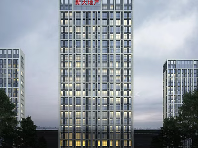 Modern High Rise Residential Building With Glass Curtain Walls Lit Windows And Urban Surroundings 3d model