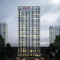 Modern High Rise Residential Building With Glass Curtain Walls Lit Windows And Urban Surroundings