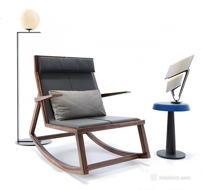 Rocking Leisure Chair With Wooden Frame Black Leather And Gray Cushion Near Floor Lamp 3d model 