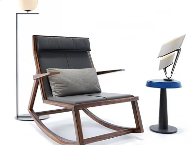 Rocking Leisure Chair With Wooden Frame Black Leather And Gray Cushion Near Floor Lamp 3d model