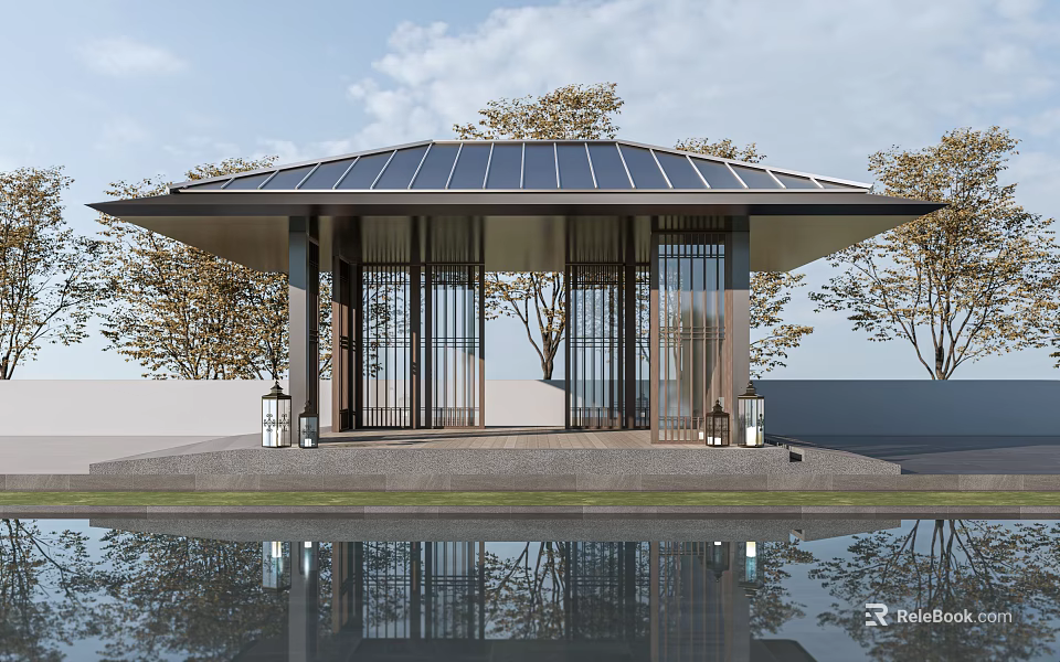 Modern Pavilion With Solar Panel Roof And Water Reflection By Trees 3d model 