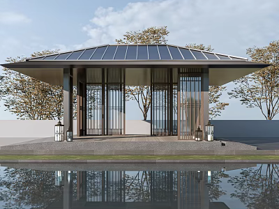 Modern Pavilion With Solar Panel Roof And Water Reflection By Trees 3d model