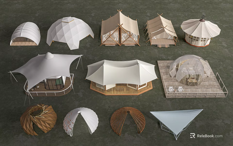 Tensile Membrane Structures Featuring Dome Canopy and Tent Designs with Varied Shapes 3d model 