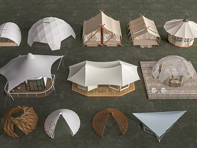 Tensile Membrane Structures Featuring Dome Canopy and Tent Designs with Varied Shapes 3d model