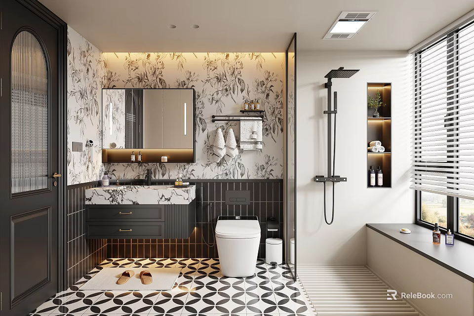 Elegant Luxury Bathroom Interior With Floral Wallpaper Marble Vanity Smart Toilet And Open Shower Space 3d model 