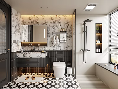 Elegant Luxury Bathroom Interior With Floral Wallpaper Marble Vanity Smart Toilet And Open Shower Space 3d model