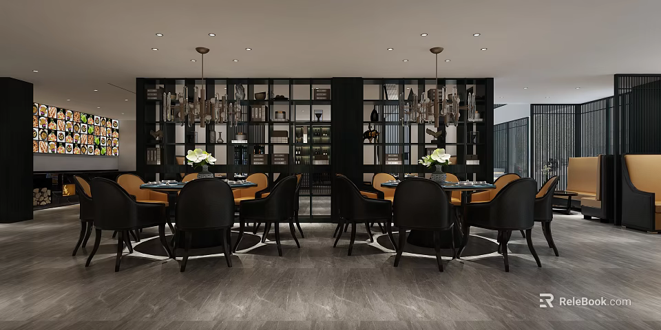 Modern Restaurant Interior Design With Dining Tables Black Chairs Pendant Lights And Bookshelf Backdrop 3d model 