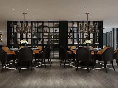 Modern Restaurant Interior Design With Dining Tables Black Chairs Pendant Lights And Bookshelf Backdrop 3d model