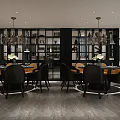 Modern Restaurant Interior Design With Dining Tables Black Chairs Pendant Lights And Bookshelf Backdrop