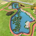 Beautiful Park Landscape with Green Lawns Ponds Lotus Leaves Flowers Red Paths Bridge and Pavilion