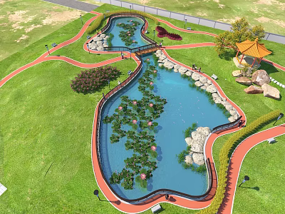 Beautiful Park Landscape with Green Lawns Ponds Lotus Leaves Flowers Red Paths Bridge and Pavilion 3d model