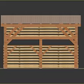 Wooden Pergola Structure With Slatted Roof Supporting Columns And Side Railings