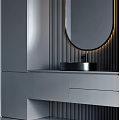 Modern Bathroom Vanity With Oval Mirror Black Sink Gray Cabinet And Striped Wall