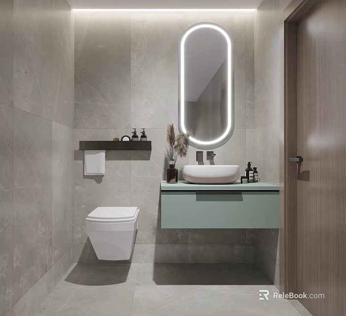 Modern Bathroom Interior Design With Oval Backlit Mirror Mint Green Vanity And White Toilet 3d model 