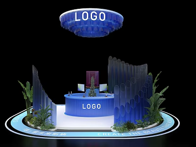 Modern Exhibition Island Design With LOGO Top Curved Structures And Green Plants 3d model