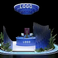 Modern Exhibition Island Design With LOGO Top Curved Structures And Green Plants