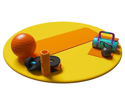 Colorful Sports Equipment Including Orange Exercise Ball Yoga Mat Kettlebells Dumbbell Plates And Foam Roller 3d model