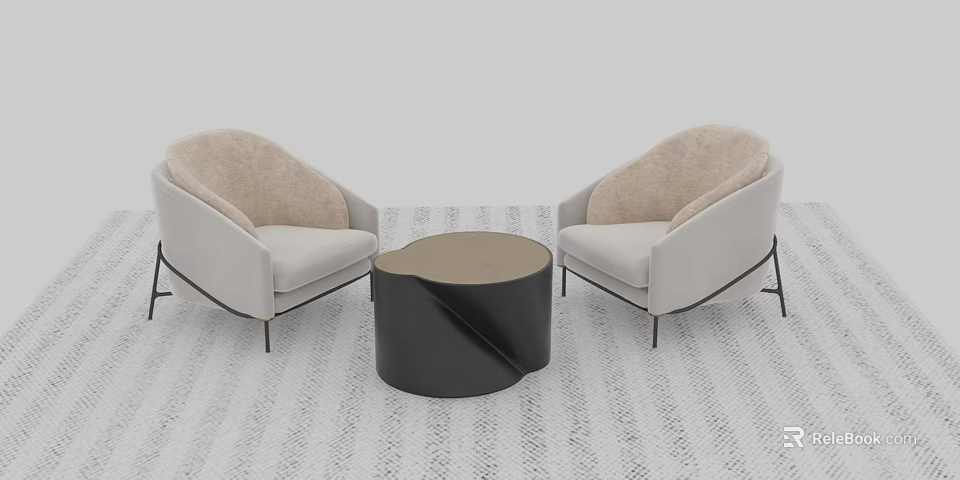 Modern Upholstered Light Gray Single Sofas With Curved Armrest And Black Coffee Table On Light Carpet 3d model