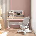 Wooden Study Desk With Pink Legs Built In Shelf Books Tablet Decor And White Chair