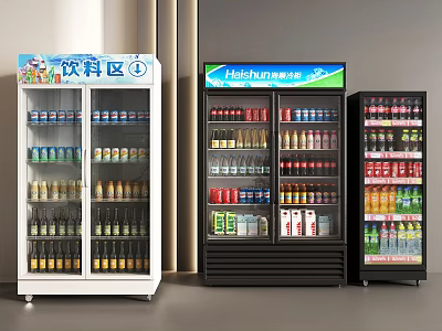 Beverage Display Refrigerators In Retail Store Stocked With Various Bottled Canned Drinks 3d model